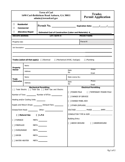 First page of the General Trades Permit Application
