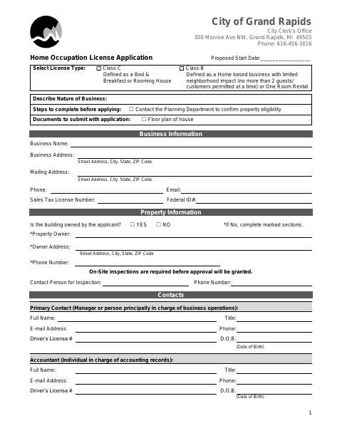 First page of the Home Occupation License Application