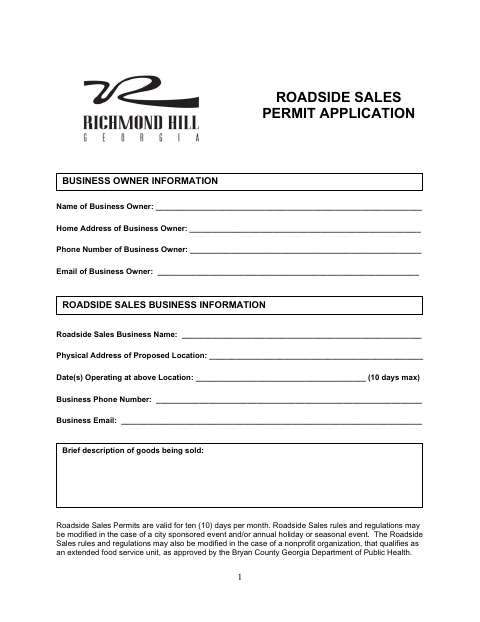 First page of the Roadside Sales Permit Application