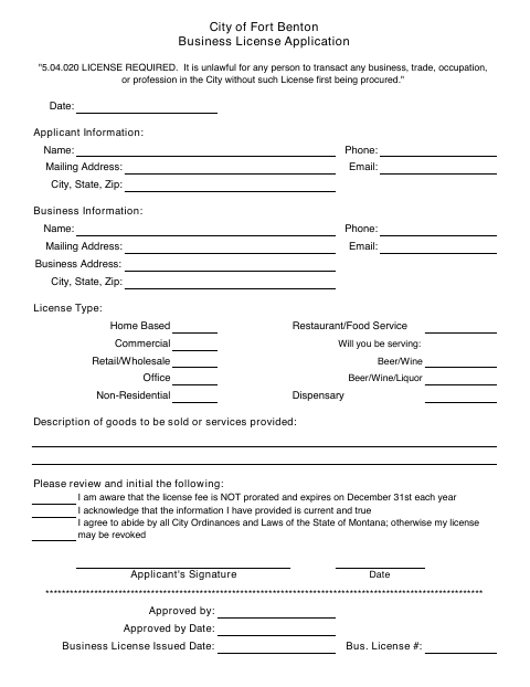 First page of the Business License Application