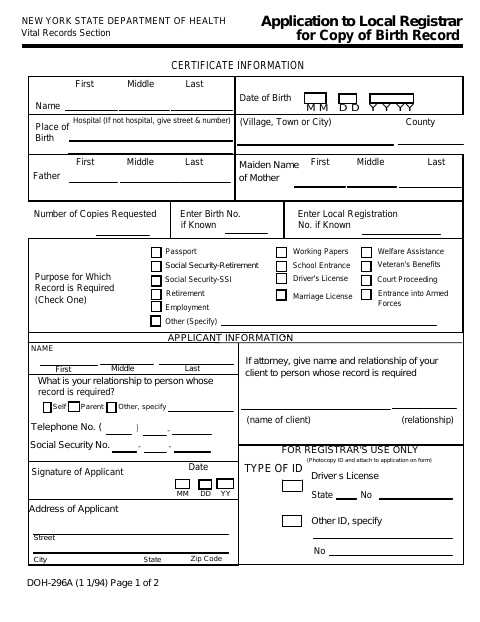 First page of the Application to Local Registrar for Copy of Birth Record