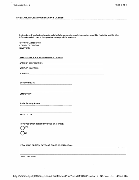First page of the Pawnbrokers License Application