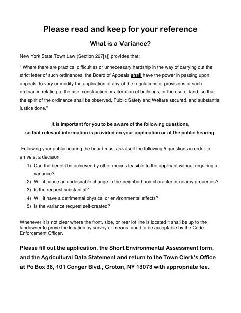 First page of the Variance Application