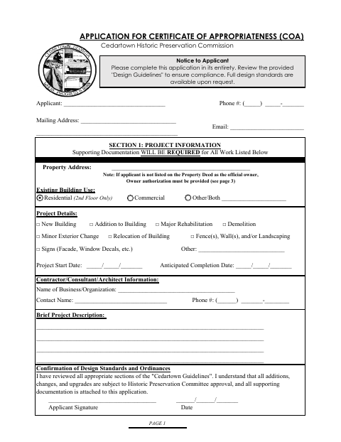 First page of the Certificate of Appropriateness Application