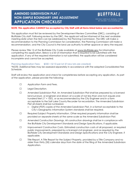 First page of the Plat Amendment and Non-Simple Boundary Line Adjustment Application