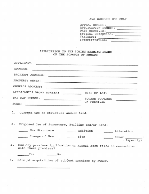 First page of the Zoning Hearing Board Application