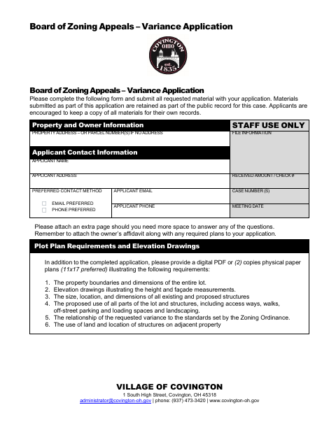 First page of the Board of Zoning Appeals Variance Application