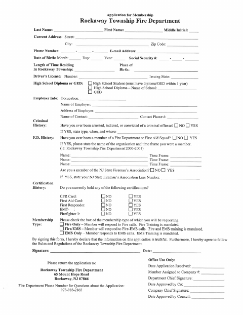 First page of the Fire Department Membership Application