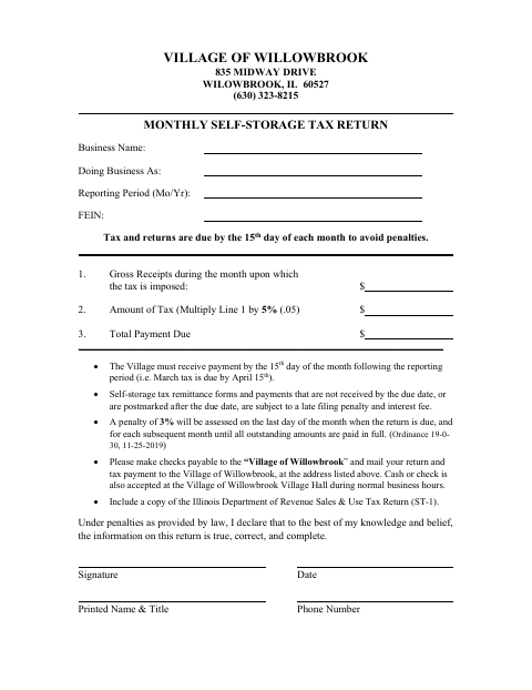 First page of the Monthly Self-Storage Tax Return
