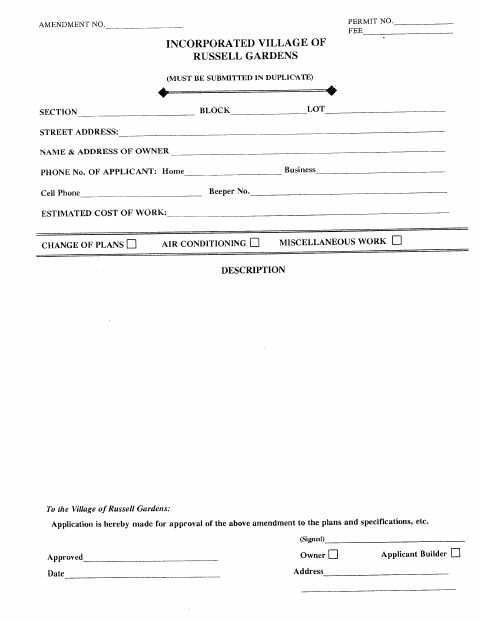 First page of the Application for Plans Amendment After Permit