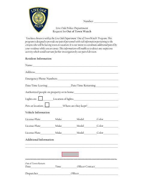 First page of the Request for Out of Town Watch