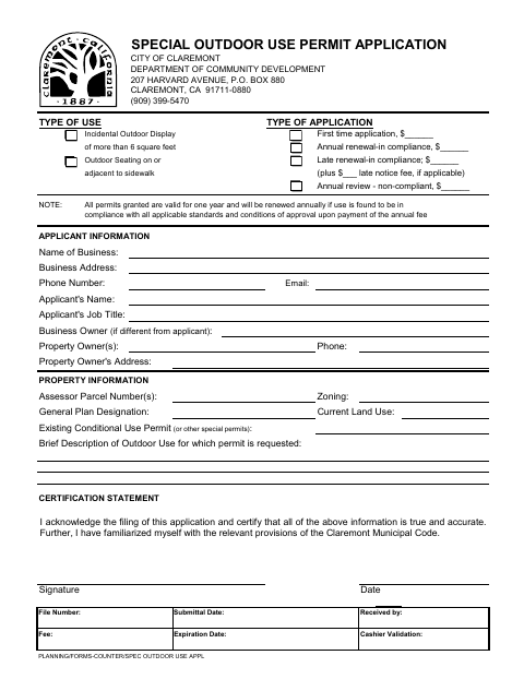First page of the Special Outdoor Use Permit Application