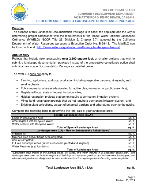 First page of the Performance Based Landscape Compliance Package