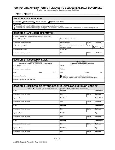 First page of the Corporate Cereal Malt Beverage Application