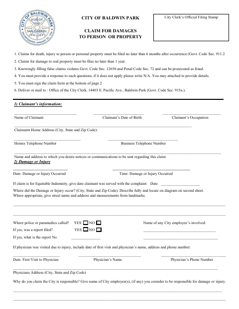 First page of the Claim for Damages to Person or Property