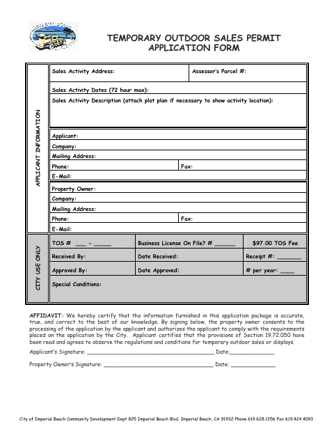 First page of the Temporary Outdoor Sales Permit Application