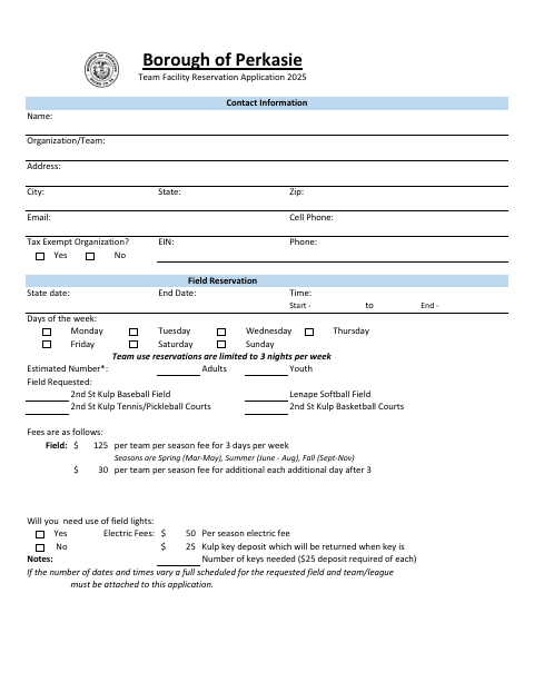 First page of the Team Facility Reservation Application