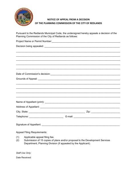 First page of the Notice of Appeal From a Decision of the Planning Commission
