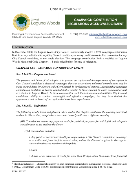 First page of the Campaign Contribution Regulations Acknowledgement