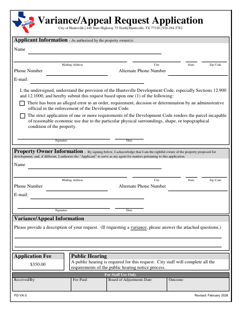 First page of the Variance/Appeal Request Application