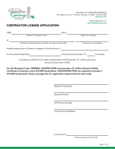 First page of the Contractor License Application