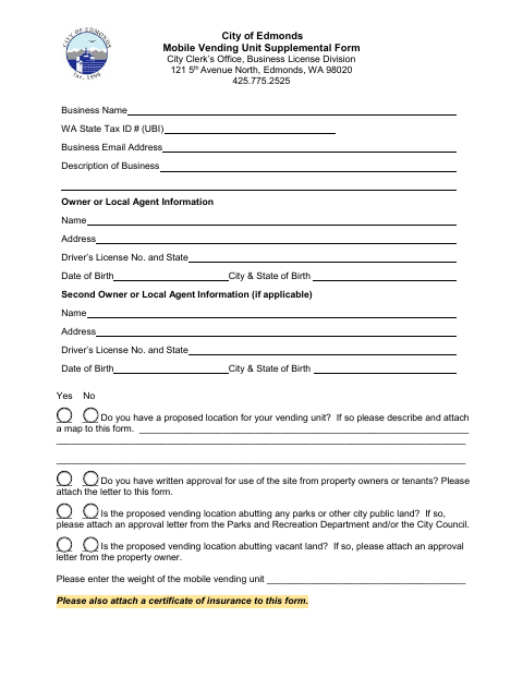 First page of the Mobile Vending Unit Supplemental Form