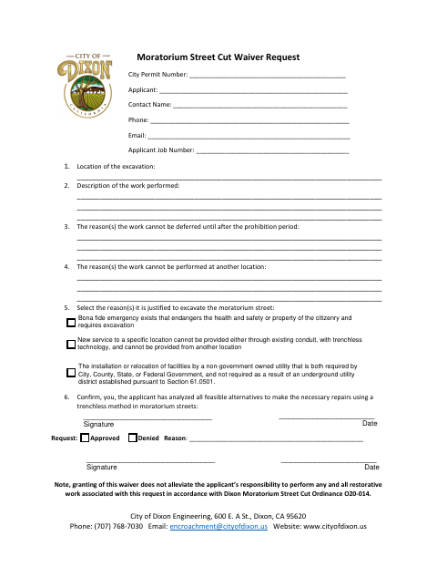 First page of the Moratorium Street Cut Waiver Request