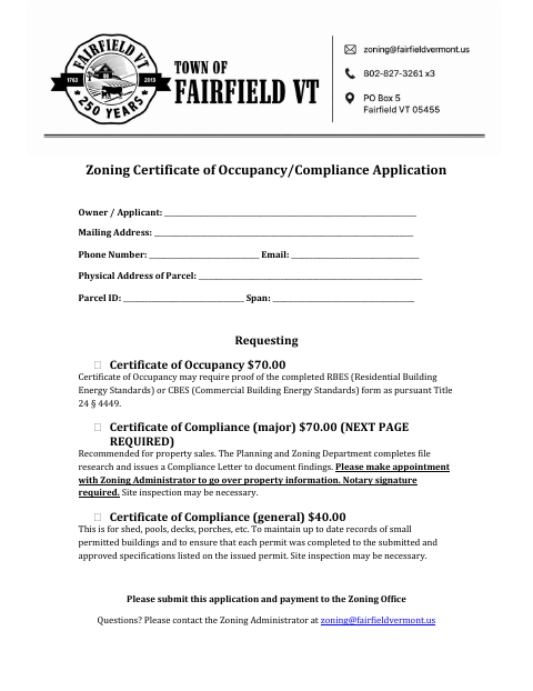 First page of the Zoning Certificate of Occupancy and Compliance Application