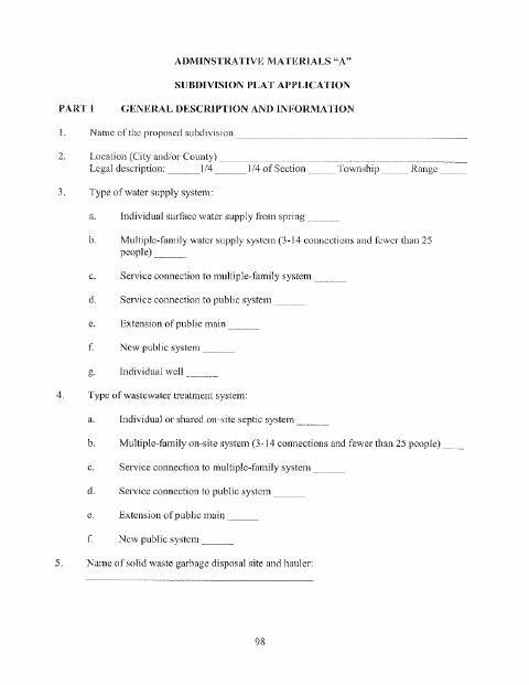 First page of the Subdivision Plat Application