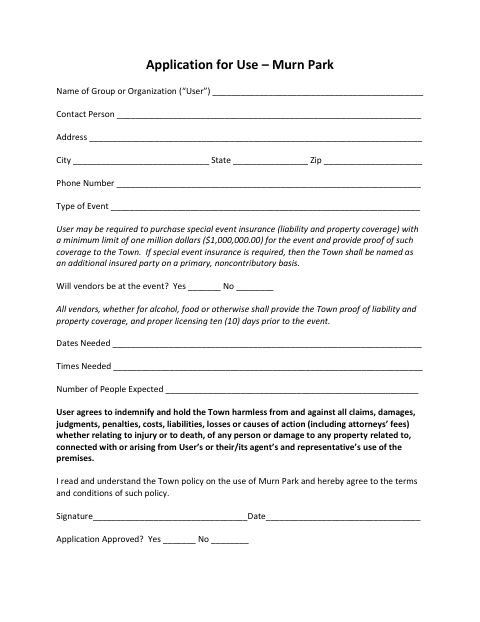 First page of the Application for Use – Murn Park