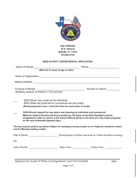 First page of the Sens Activity Center Rental Application