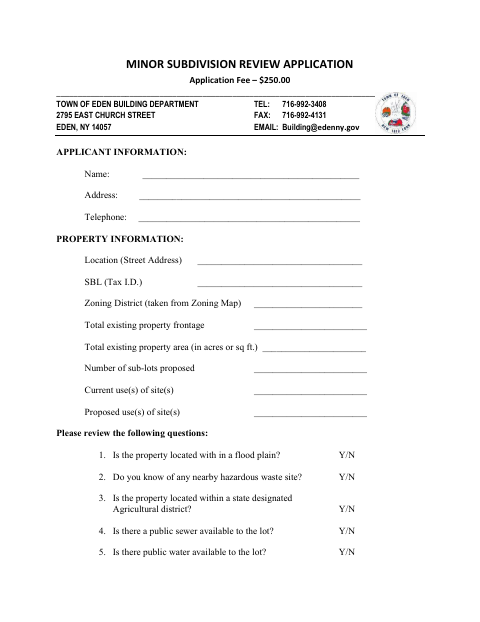 First page of the Minor Subdivision Review Application