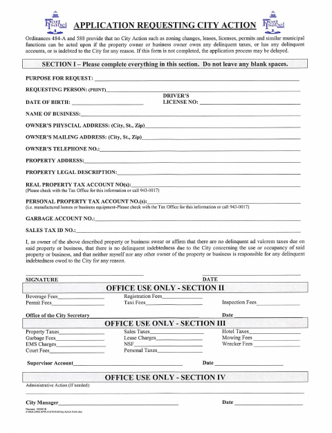 First page of the City Action Application