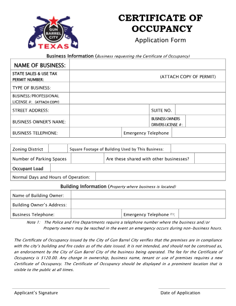 First page of the Certificate of Occupancy Application