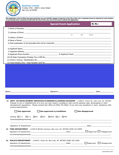 First page of the Special Event / Temporary License Application