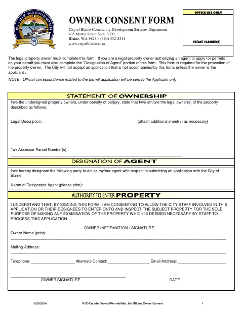First page of the Owner Consent
