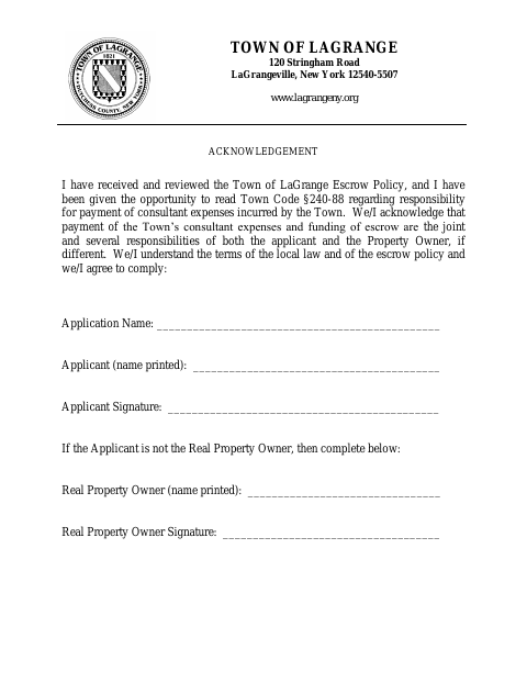 First page of the Escrow Acknowledgement