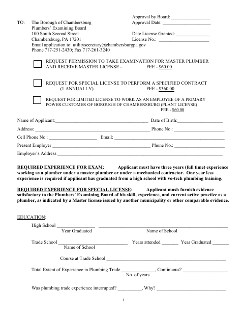 First page of the Plumbers Examining Board Application