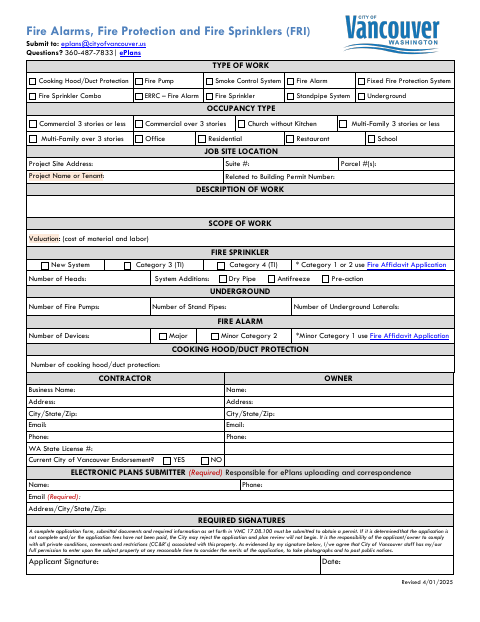 First page of the Fire Alarms, Fire Protection and Fire Sprinklers Application
