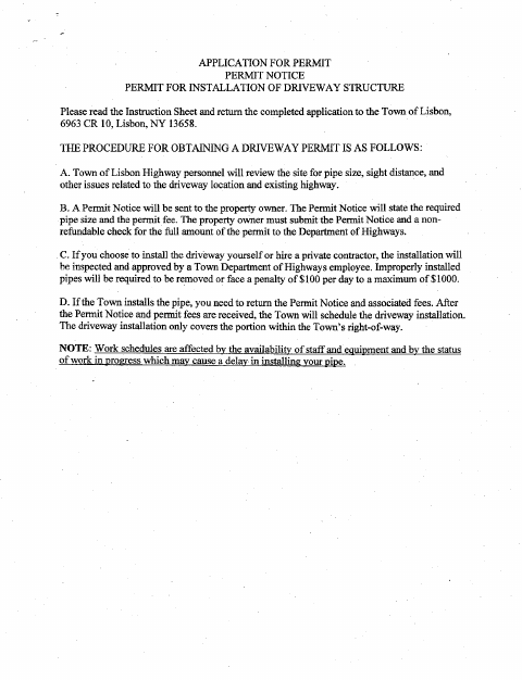 First page of the Driveway Structure Permit Application