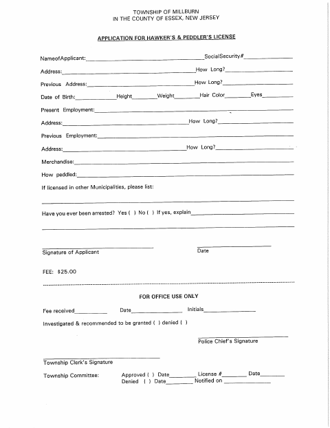 First page of the Hawkers and Peddlers License Application