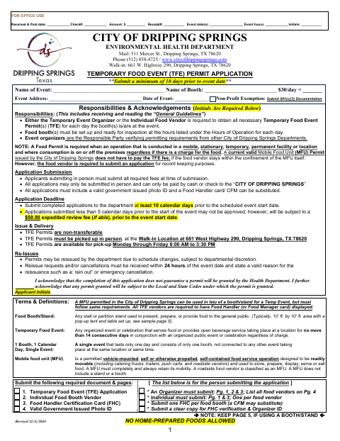 First page of the Temporary Food Event Permit Application