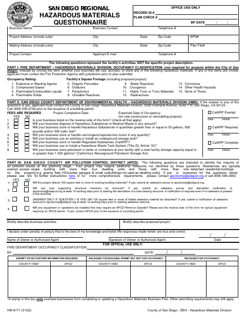 First page of the San Diego Regional Hazardous Materials Questionnaire