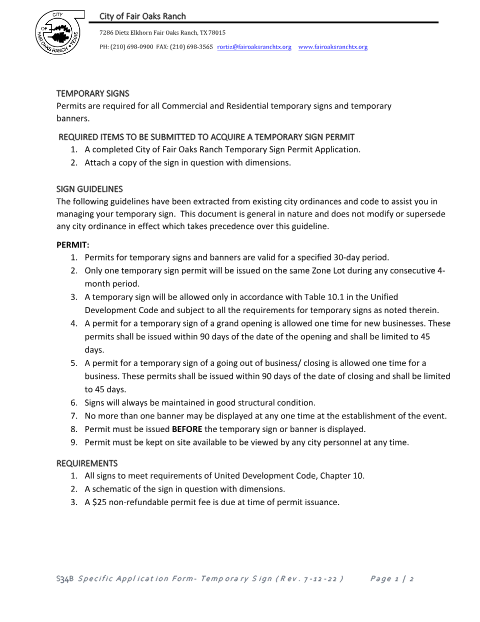 First page of the Temporary Sign Permit Application