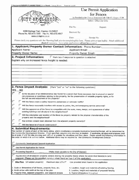 First page of the Use Permit Application for Fences