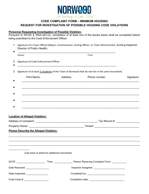 First page of the Minimum Housing Code Complaint Form