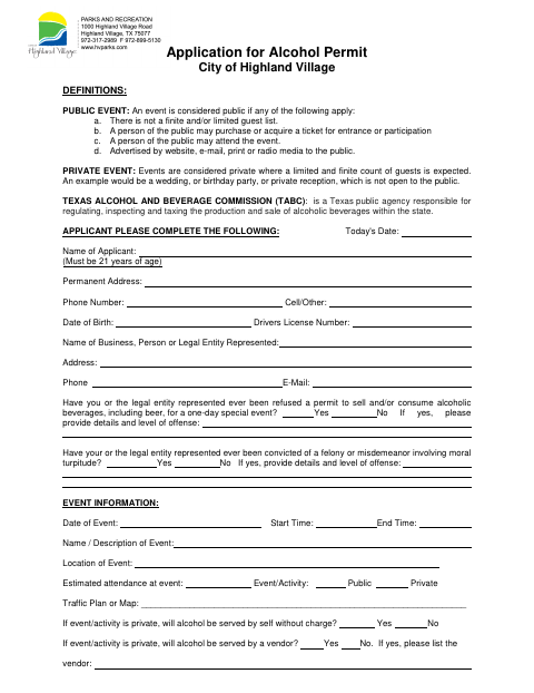 First page of the Application for Alcohol Permit