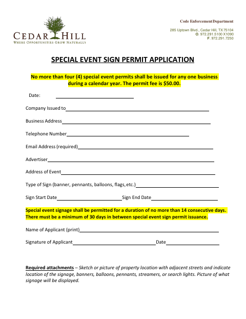 First page of the Special Event Sign Permit Application