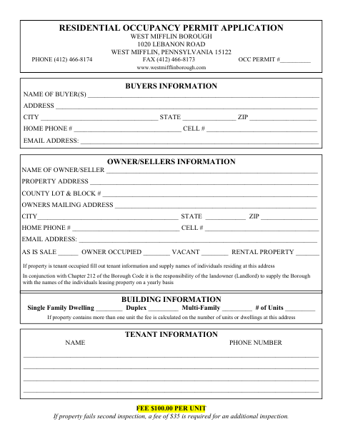 First page of the Residential Occupancy Permit Application and Inspection Sheet (Buying/Selling Property)