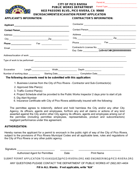 First page of the Encroachment/Excavation Permit Application